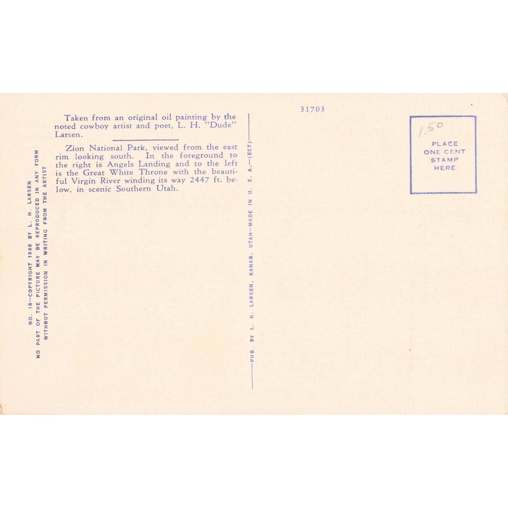 Vintage 1940 Zion National Park Linen Postcard Dude Larsen Great White Throne - Picture 2 of 2